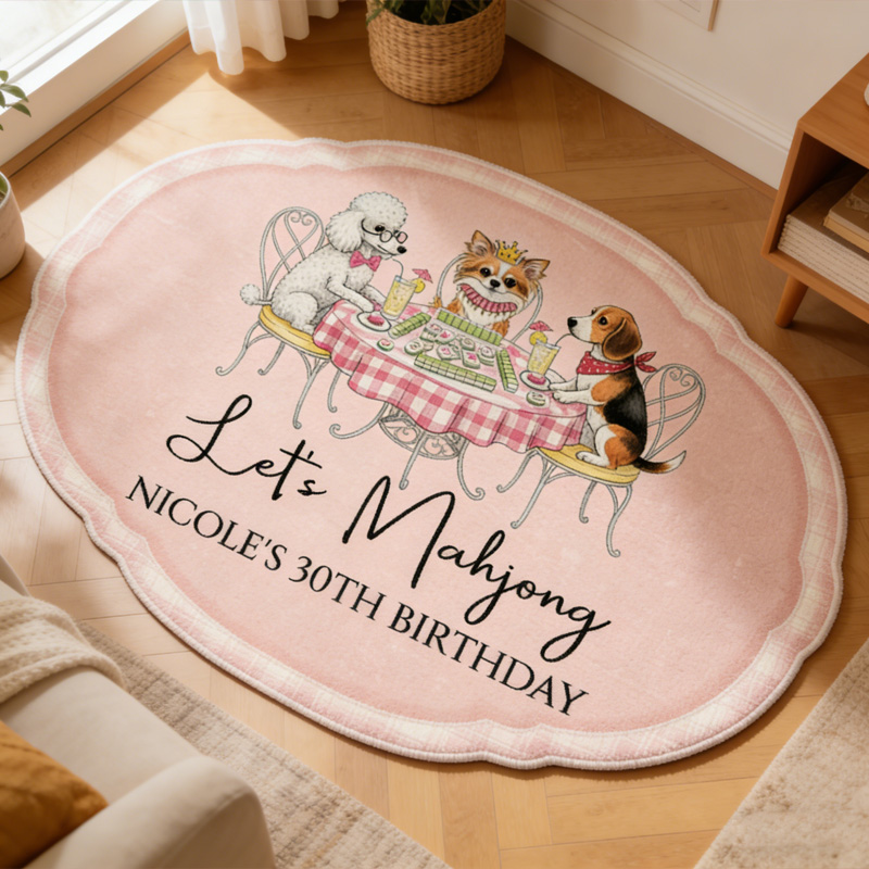 Personalized Cute Dog Cat Playing Mahjong Birthday Party Decorative Entryway Soft Pink Oval Floor Carpet Rug