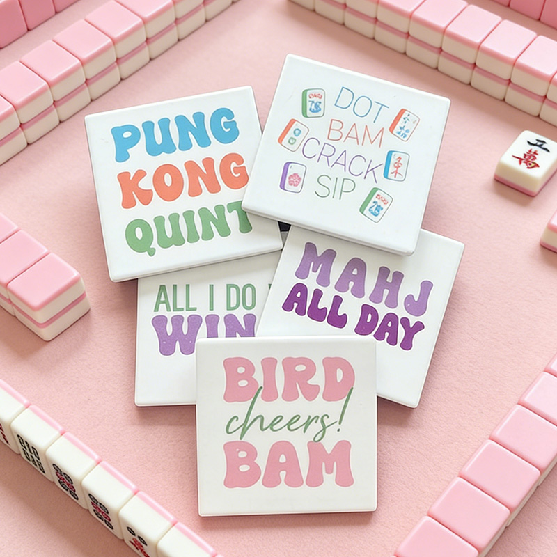 Colorful Funny Quote Text Mahjong Player Gift Decorative Table Protection Drink Holder Set Mahjong Coaster