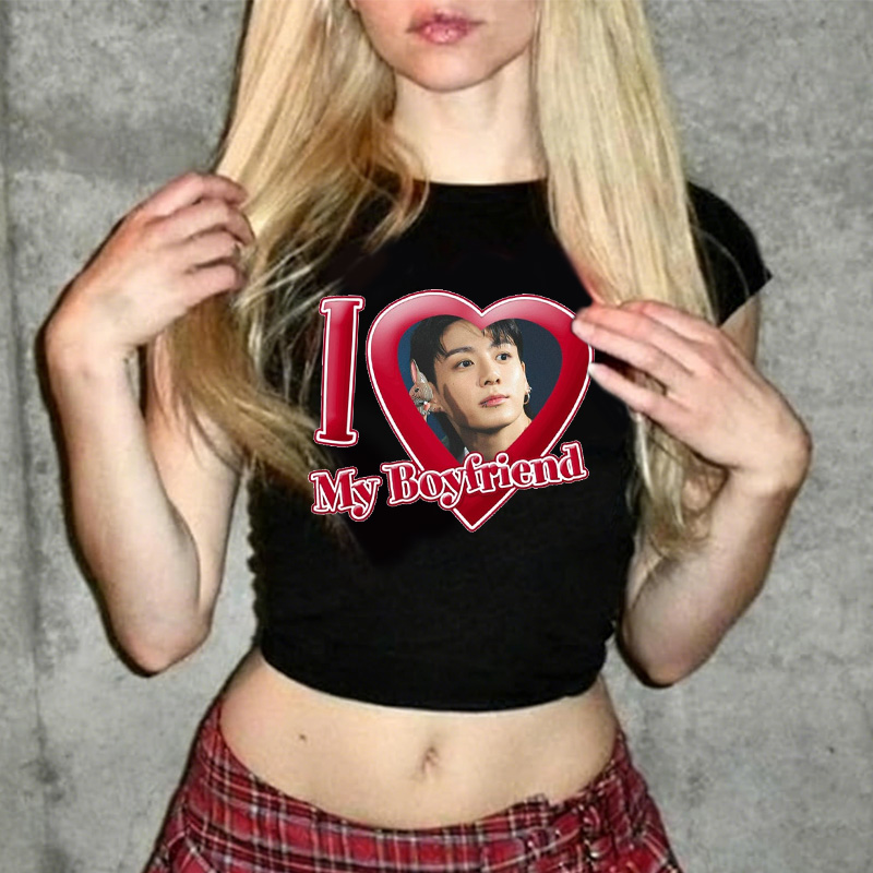Personalized I Love My Boyfriend Heart Graphic Kpop Inspired Cute Y2K Aesthetic Short Sleeve Cropped Top Baby Tee K-Pop Fans Baby Tee