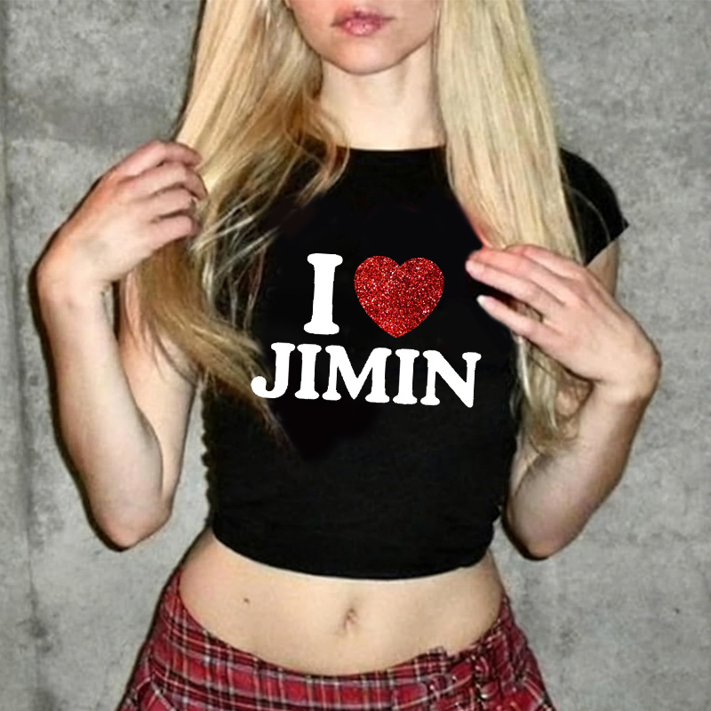 Personalized I Love Jimin Heart Glitter Graphic Kpop Inspired Cute Y2K Aesthetic Short Sleeve Cropped Top Baby Tee