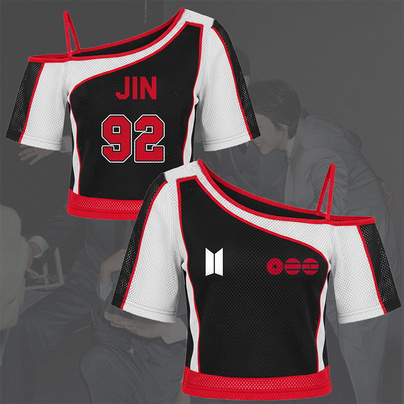 Personalized Kpop Inspired Sports Style Off Shoulder Black Red White Mesh Crop Top Fashion Shirt