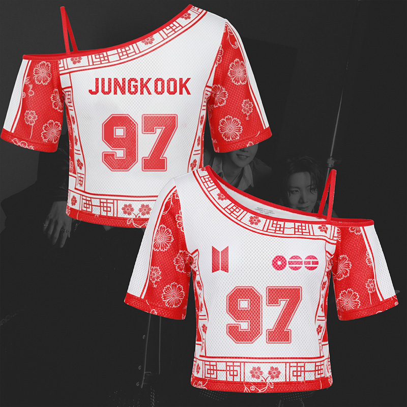 Personalized Kpop Inspired Traditional Floral Pattern Red White Off Shoulder Mesh Crop Top Fashion Shirt