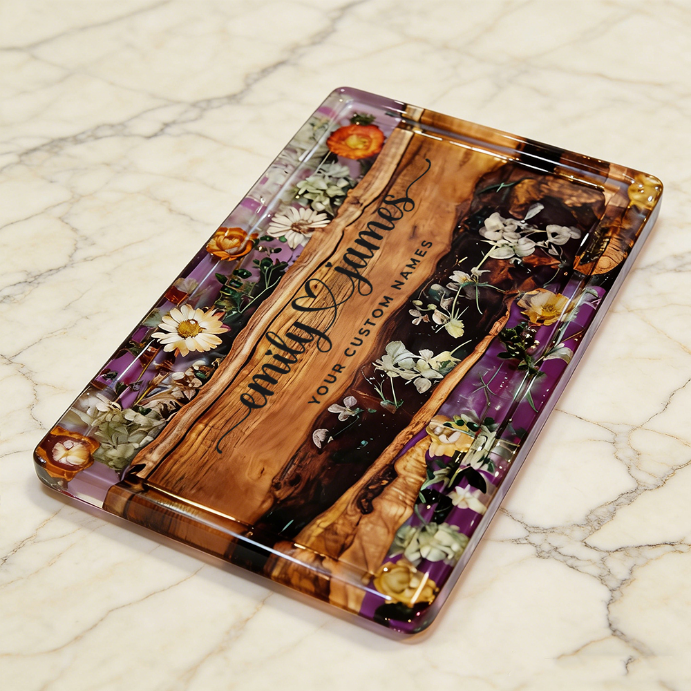 Personalized Name Resin Wood Tray With Dried Flowers Personalized Epoxy Serving Tray For Wedding Anniversary Housewarming Gifts