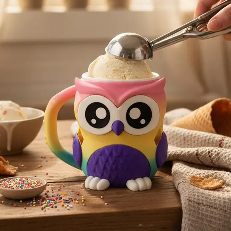 Cartoon Colorful Owl Ice Cream Pint Holder 3D Printed with 2 Spoon Slots Cozy Birthday Gifts for Kids