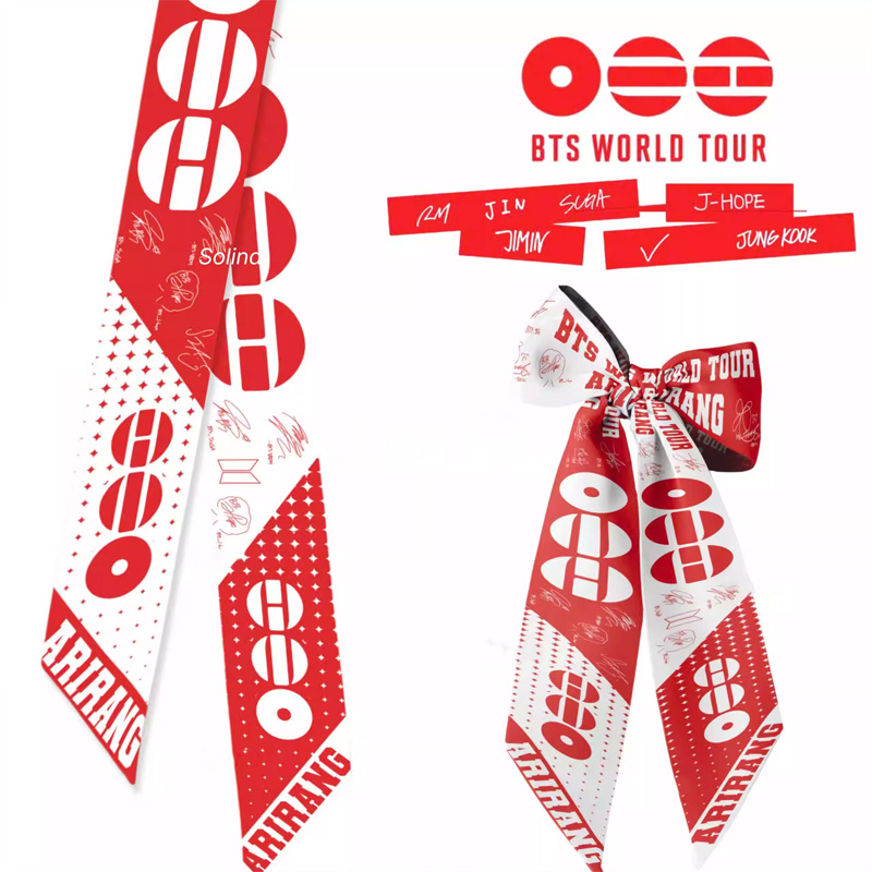 Kpop Inspired Red White World Tour Logo Pattern Satin Silk Ribbon Concert Hair Accessory