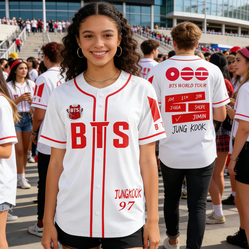 Personalized BTS Kpop Inspired White Red Baseball Style World Tour Jersey Shirt Concert Outfit Unisex Fashion Top