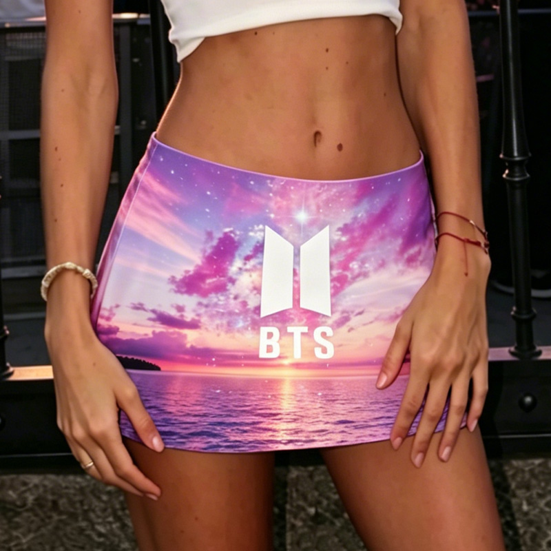 Kpop Inspired Sunset Ocean Sky Gradient Print Purple Pink Bodycon Mini Skirt Summer Bodycon Skirt Fashion 