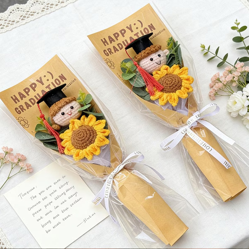 Graduation Gift Sunflower Bouquet with Cute Doll Plush Toy Handmade Flower Wrap Congratulation Present