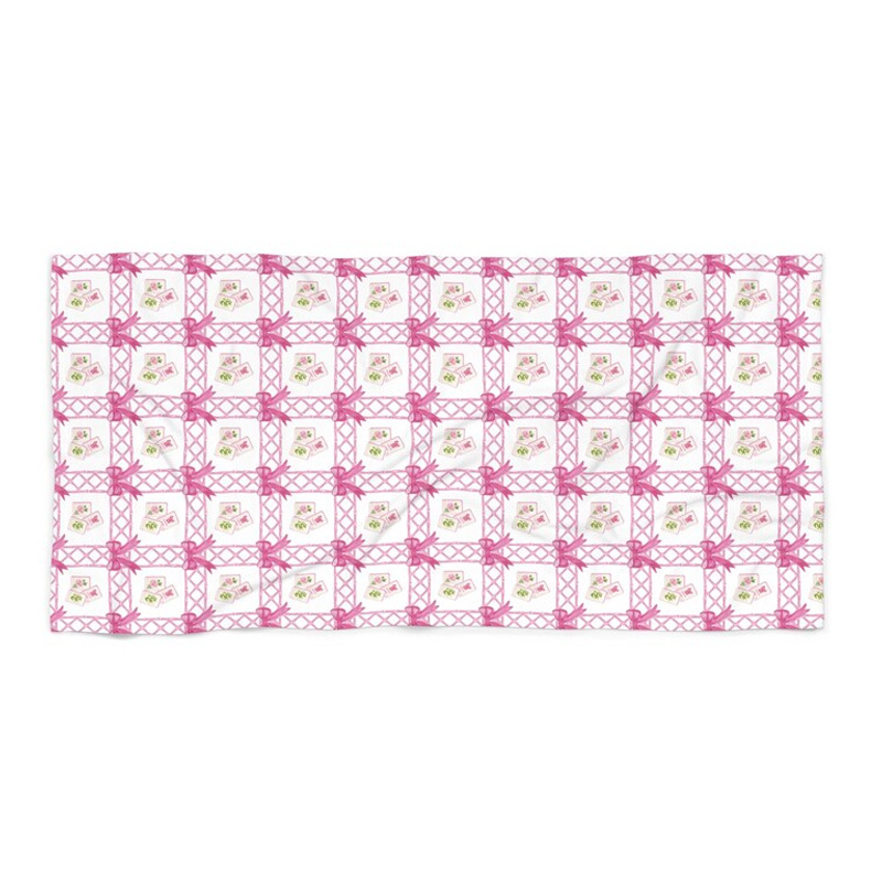 Pink Lattice Floral Tile Mahjong Pattern Elegant Summer Vibe Soft Cozy Coastal Style Mahjong Beach Towel