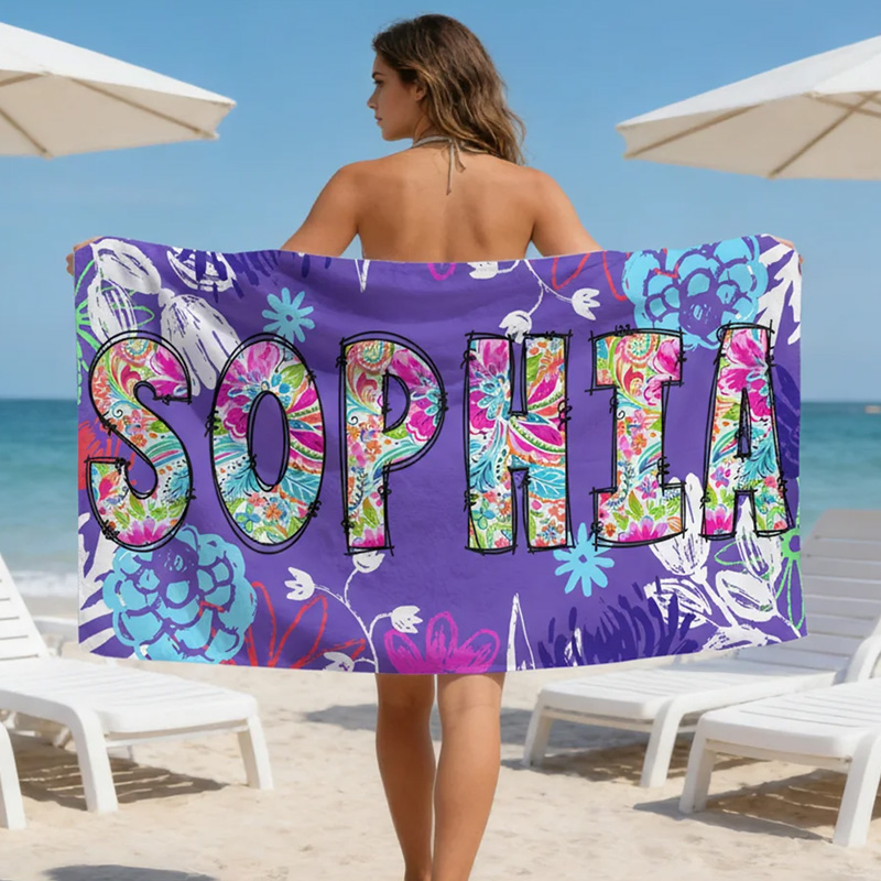 Personalized Toile De Jouy Graffiti Floral Quick Dry Oversized Beach Towel with Name Summer Vacation Travel Essentials Birthday Gift for Friend Family