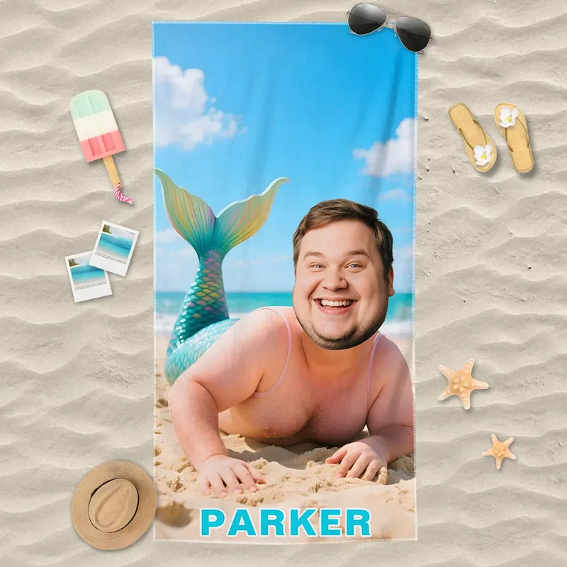 Personalized Funny Father Merman Photo Personalized Summer Humor Playful Ocean Vibe Creative Custom Gift Beach Towel