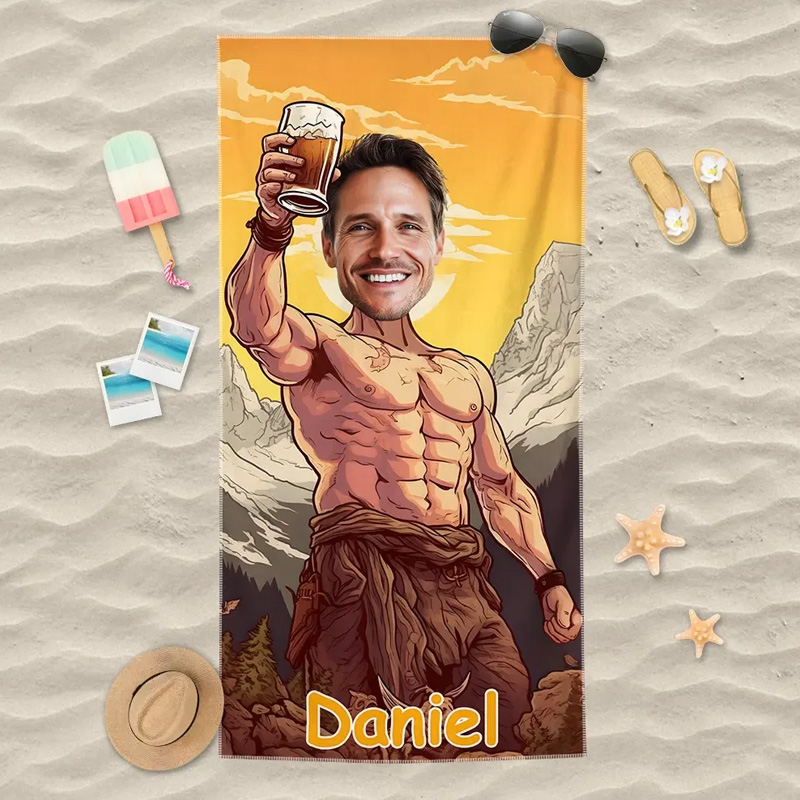 Personalized Cartoon mountain hero with beer confident adventure style custom caricature fun gift Beach Towel