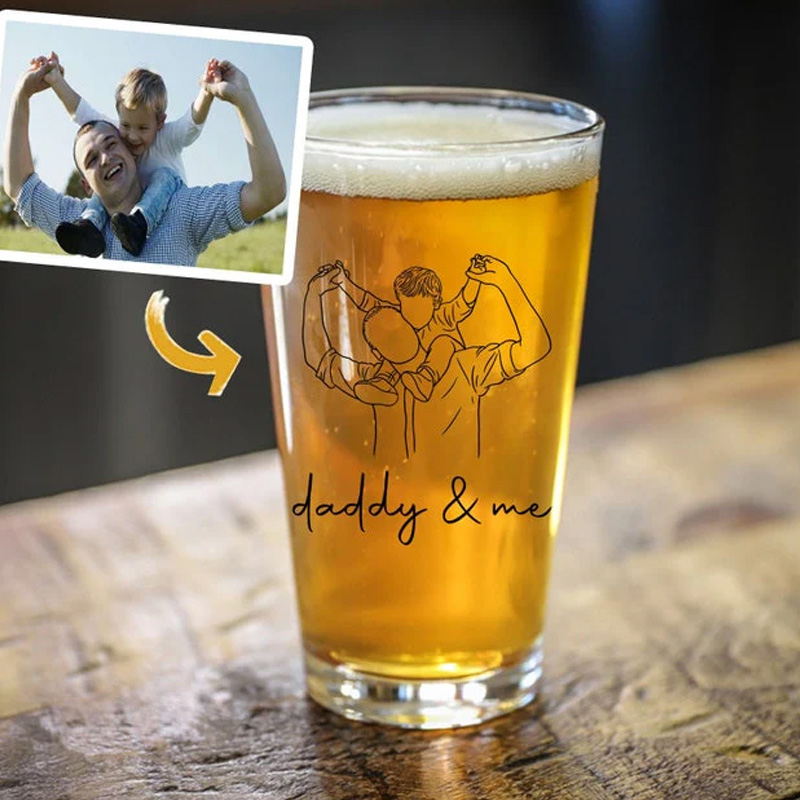 Custom Photo Dad and Kids Mixing Glass New Dad Gifts First Time Dad Gift Gift for Grandpa Outline Drawing Daddy and Me Pint Beer Glass