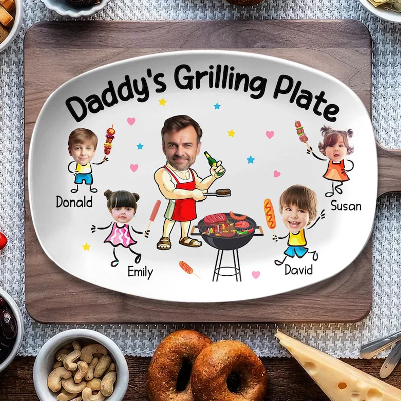Personalized Cute cartoon family barbecue funny personalized summer cookout gift for dad custom artwork Daddy Grilling Platter