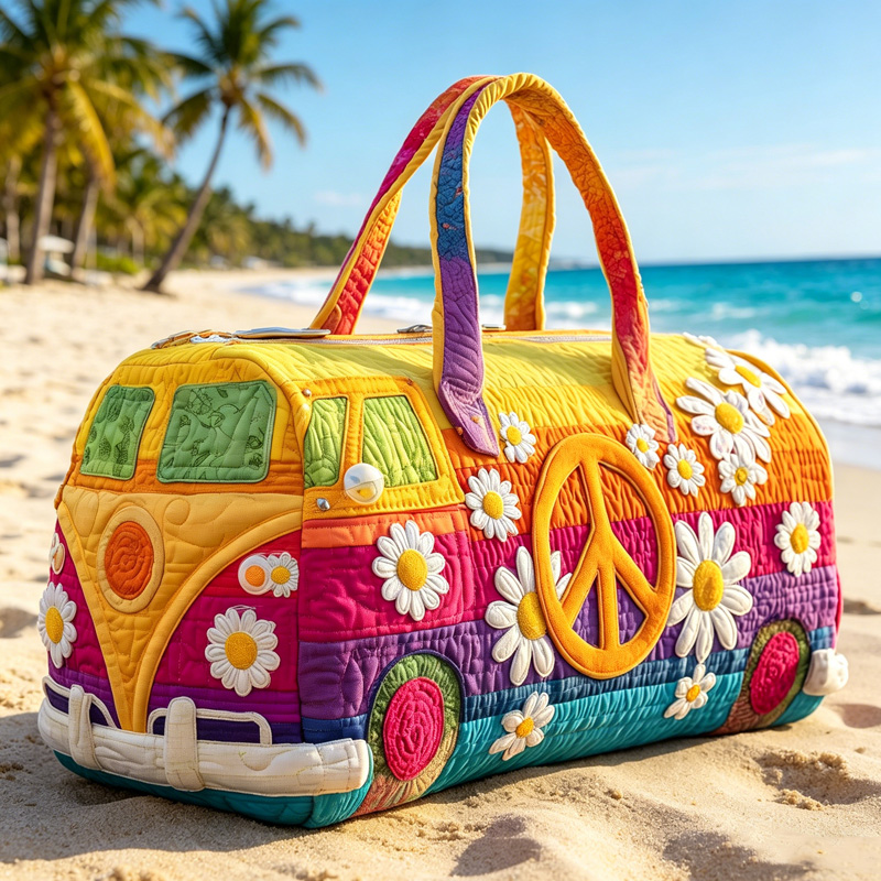 Vibrant Retro Van Hippie Style Floral Peace Summer Road Trip Boho Chic Inspired Hand Held Quilted Travel Bag