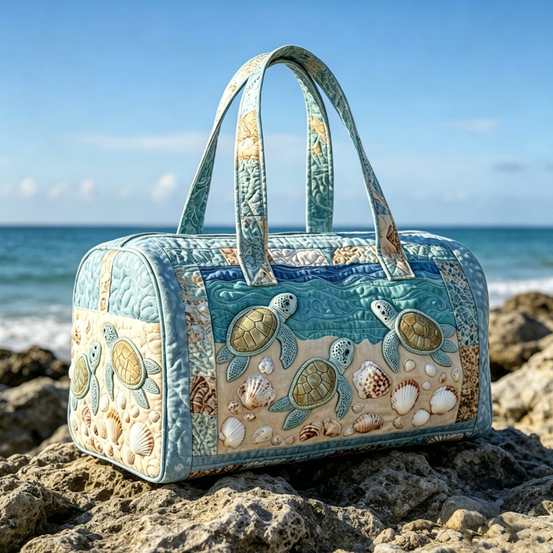 Sea Turtle Ocean Breeze Coastal Shells Beach Inspired Aqua Blue Summer Vibe Hand Held Quilted Travel Bag