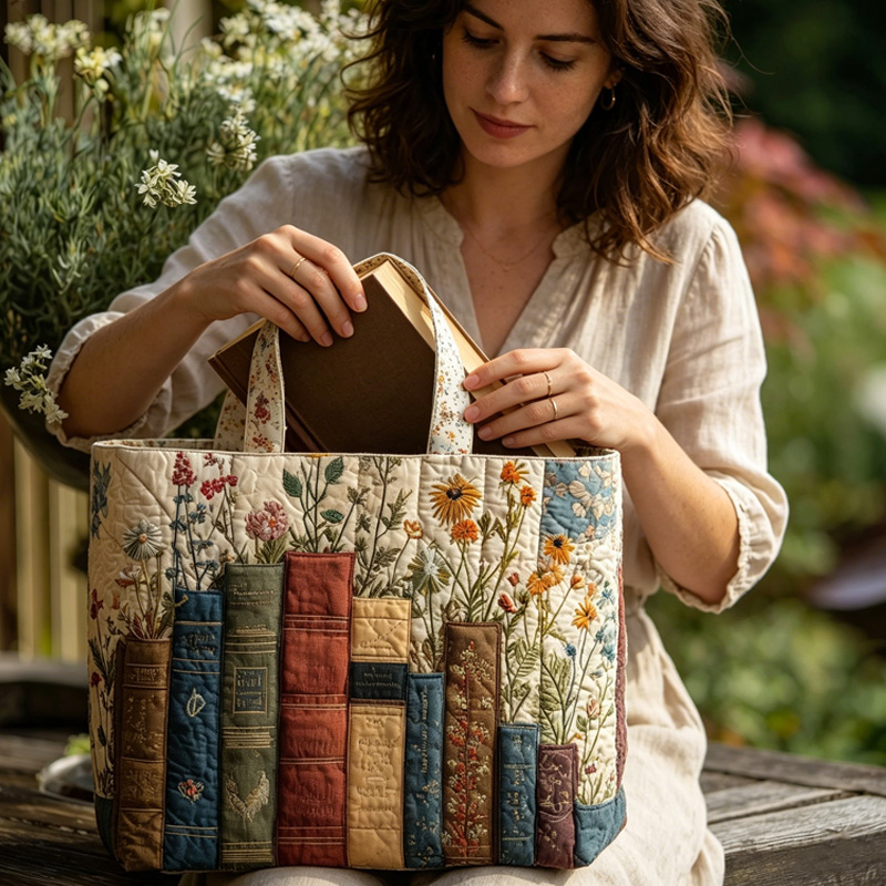 Vintage bookshelf floral garden embroidered cozy cottagecore literary inspired Hand Held Quilted Bag