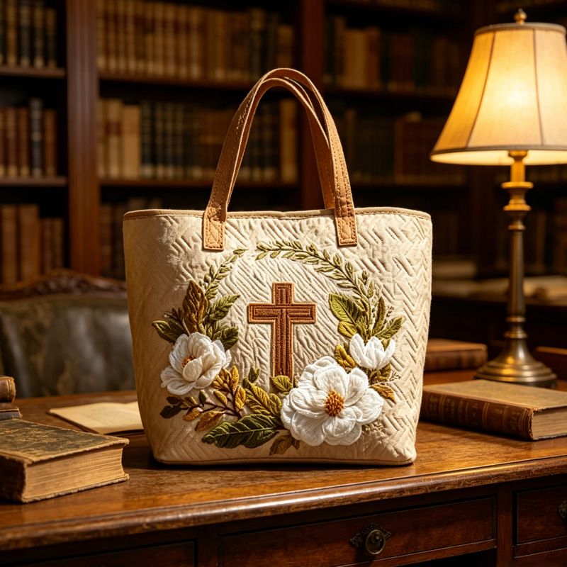 Faith Cross Floral Wreath Spring Blossom Elegant Spiritual Nature Inspired Hand Held Quilted Bag