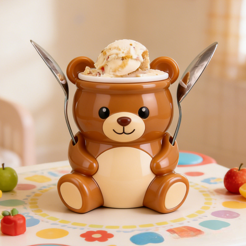 Cute Brown Bear Ice Cream Pint Holder 3D Printed with 2 Spoon Slots Cozy Birthday Gifts for Kids