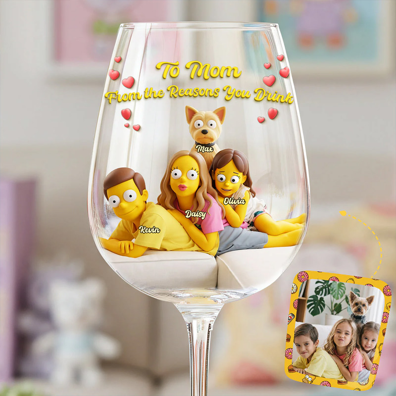 Personalized Cartoon Family Portrait Custom Photo Transformed into Funny Yellow Character Style Unique Gift Wine Glass