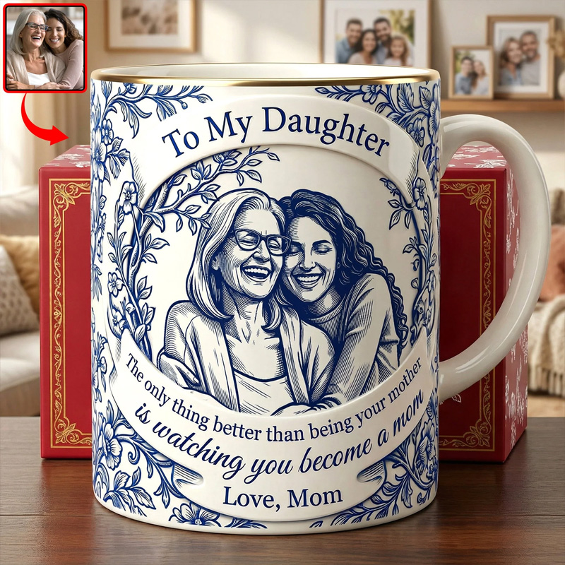 Personalized Mother and Daughter Portrait Custom Photo Illustration with Heartfelt Message Blue Floral Sentimental Coffee Mug