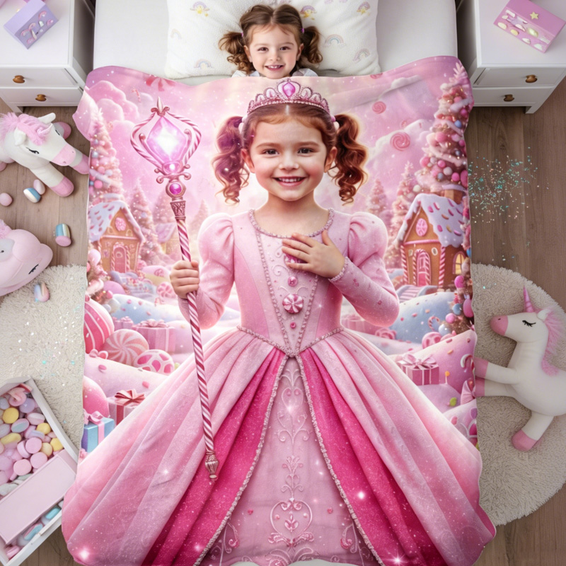 Personalized Princess Blanket Custom Photo Pink Castle Fairy Tale Themed Birthday Gift for Girls