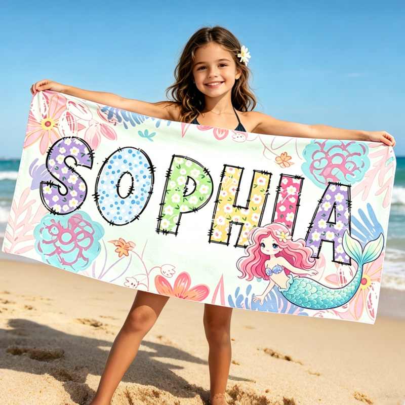 Personalized Mermaid Beach Towel Custom Name Purple Ocean Coral Starfish Seashell Summer Gift for Girls