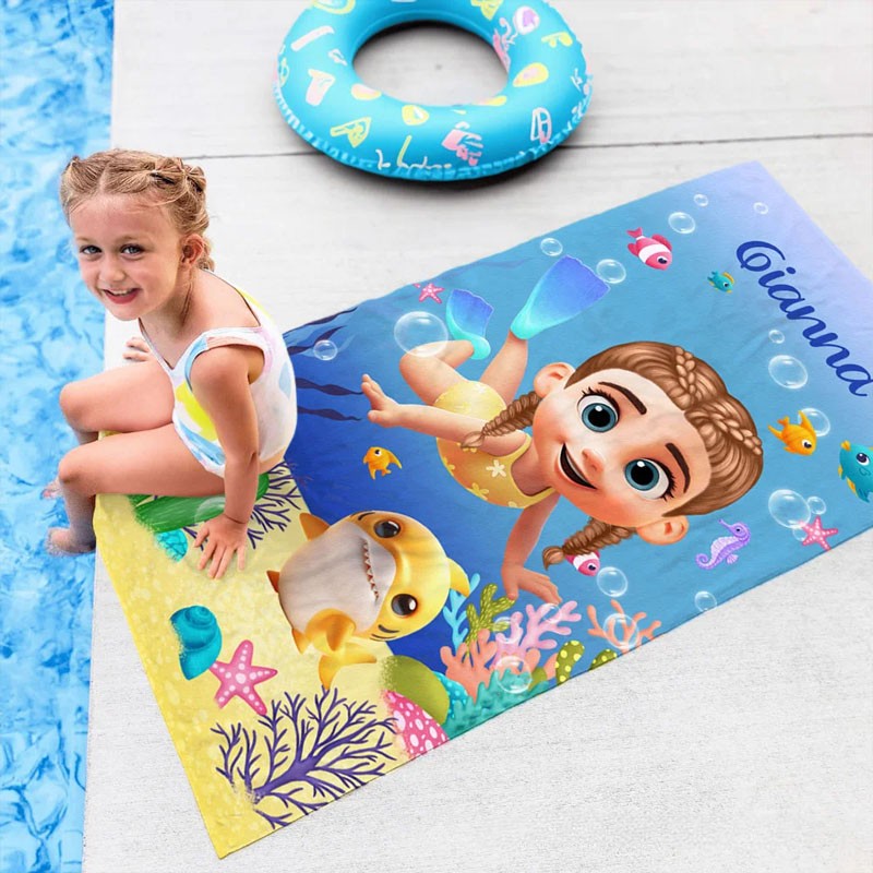 Personalized Cute 3D Diving Kid Sea Animal Quick Dry Soft Oversized Beach Towel with Name Summer Vacation Beach Party Birthday Gift for Boys Girls