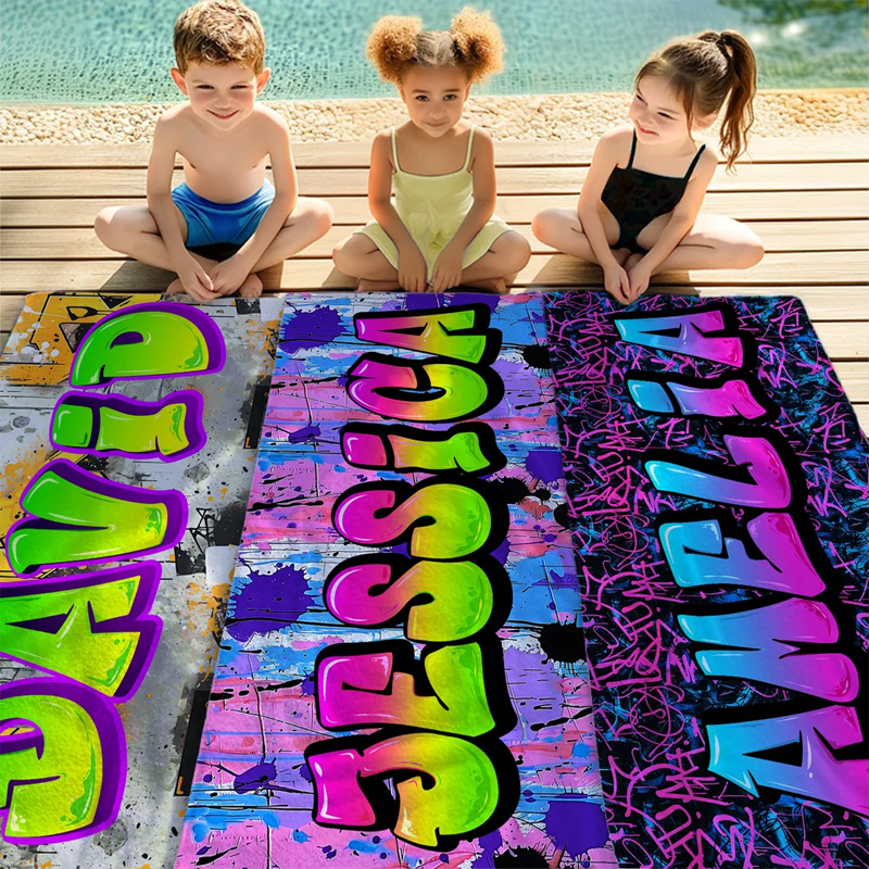 Personalized Stylish Graffiti Oversized Quick Dry Beach Towel with Name Beach Party Travel Essentials Birthday Gift for Kids Family