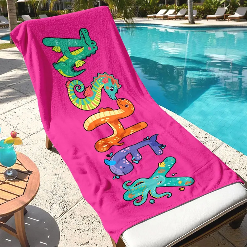 Personalized Name Beach Towel Custom Colorful Letters Pink Background Summer Pool Gift for Kids and Adults