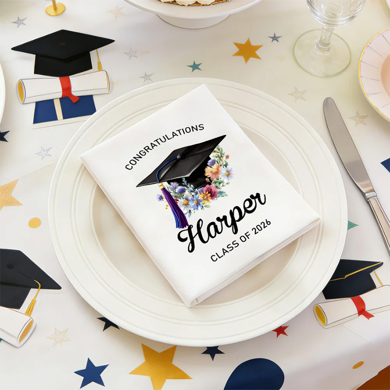 Personalized Birth Flower Graduation Cotton Napkin Custom Name Class of 2026 Floral Cap Gift for Graduates Party Table Decor
