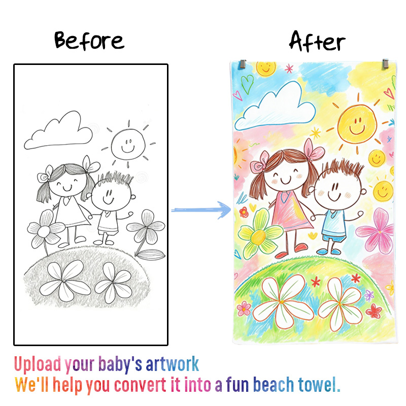 Personalized Kids Drawing Beach Towel Custom Name Hand Drawn Style Towel Gift For Girls Boys
