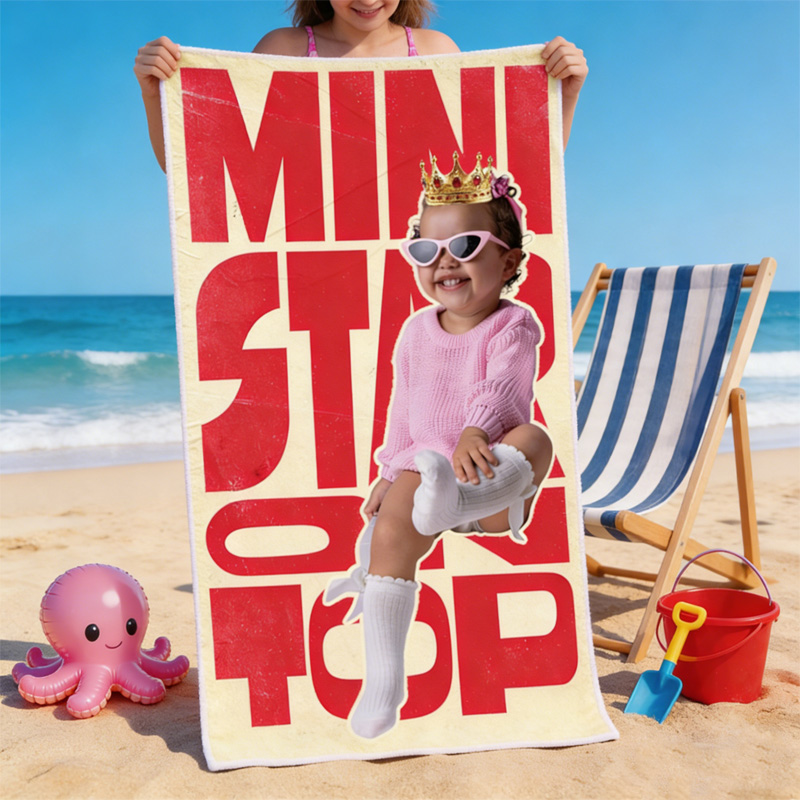 Personalized Kid Photo Mini Star On Top Bold Red Letter Kids Beach Towel Retro Pop Art Summer Style