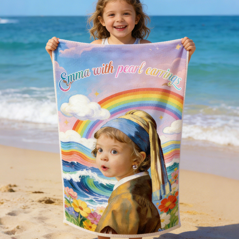 Personalized Kid Photo Lovely Art Inspired Kids Beach Towel Kid With Pearl Earrings Ocean Flowers Rainbow Scene