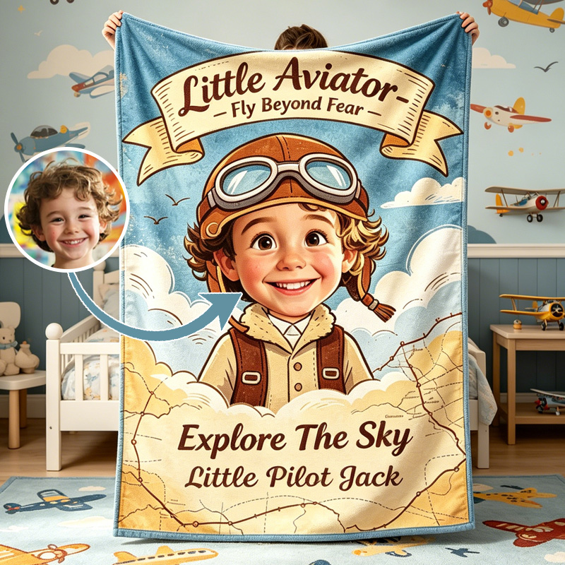 Personalized Little Pilot Kids Blanket Adventure Sky Explorer Cozy Soft Vintage Aviation Look