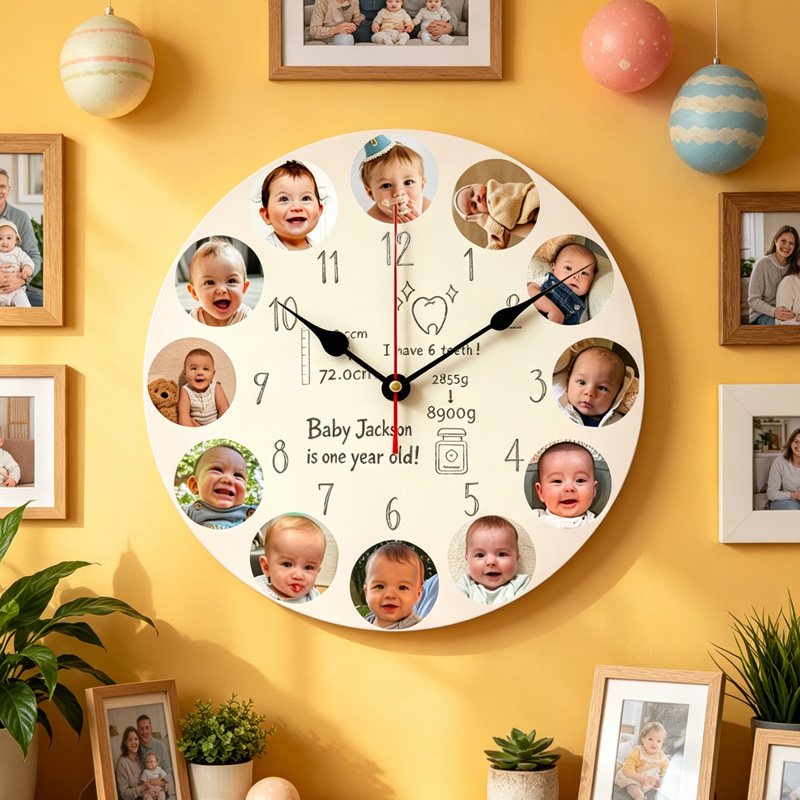 Personalized Baby 1-12 Month Photo Clock Custom First Birthday Gift Keepsake Wall Clock For Nursery Room