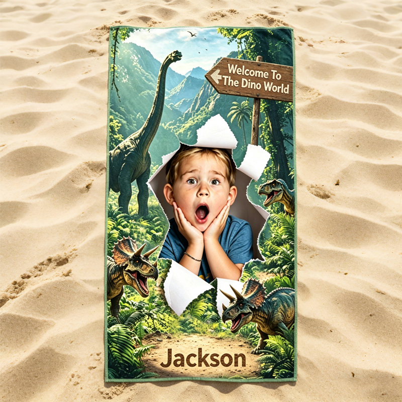 Personalized Kids Beach Towel Custom Name Dino Adventure And Fairytale Magic Castle Gift For Boys And Girls