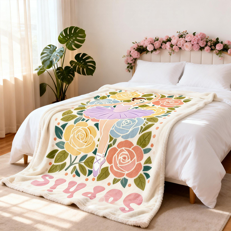 Personalized Birth Flower Ballerina Blanket Custom Name Dance Gift For Girls Floral Ballet Theme Cozy Soft Fleece Throw