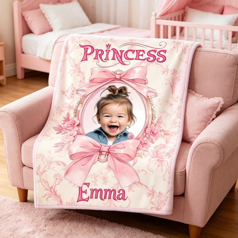 Personalized Princess Blanket Custom Name Pink Bow Floral Theme Kids Gift Soft Cozy Fleece Throw Design
