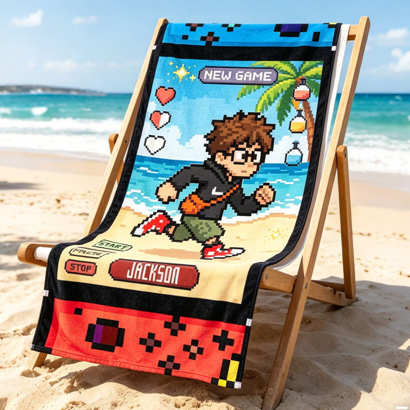Personalized Gamer Beach Towel Custom Name Video Game Theme Kids Gift Soft Quick Dry Microfiber Design
