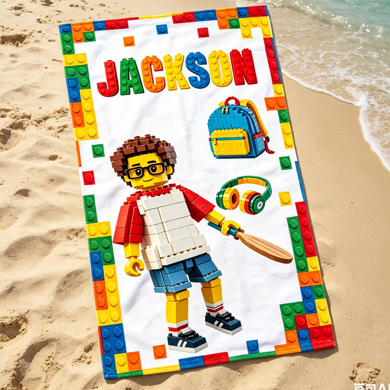Personalized Building Blocks Beach Towel Custom Name Colorful Brick Theme Kids Gift Soft Quick Dry Design