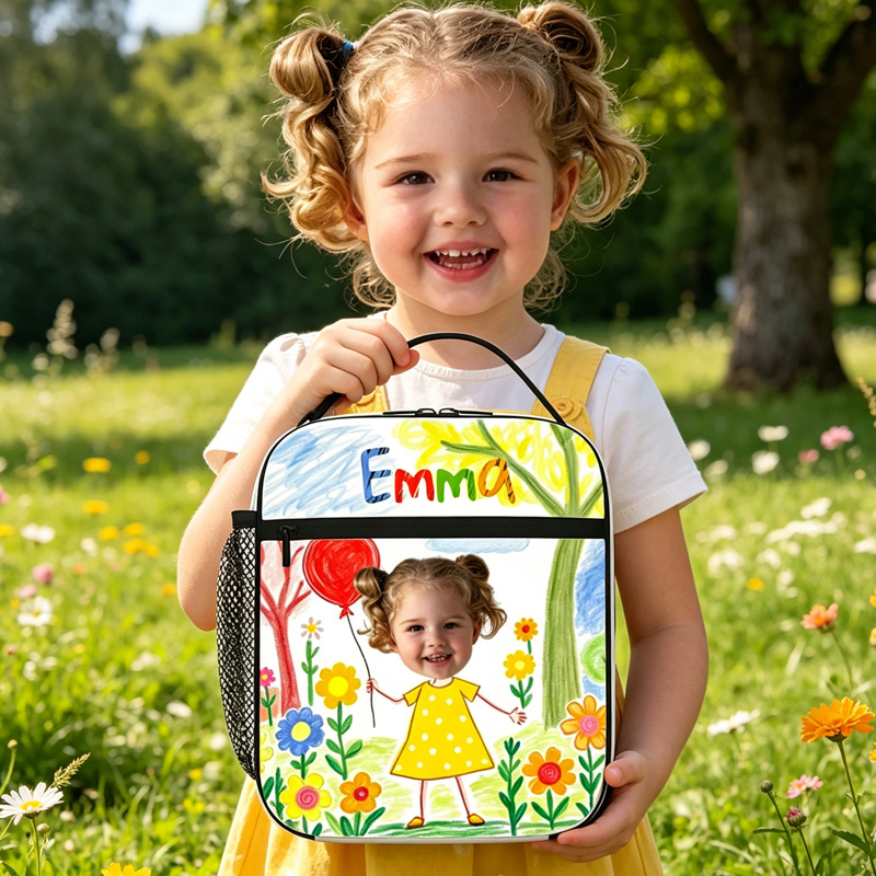Personalized Hand Drawn Kids Lunch Bag Custom Name Colorful Crayon Art Style Cute Flowers Design