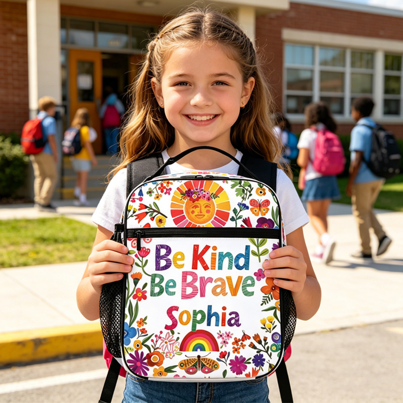 Personalized Boho Kids Lunch Bag Custom Name Colorful Floral Art Style Be Kind Be Brave Positive Quote