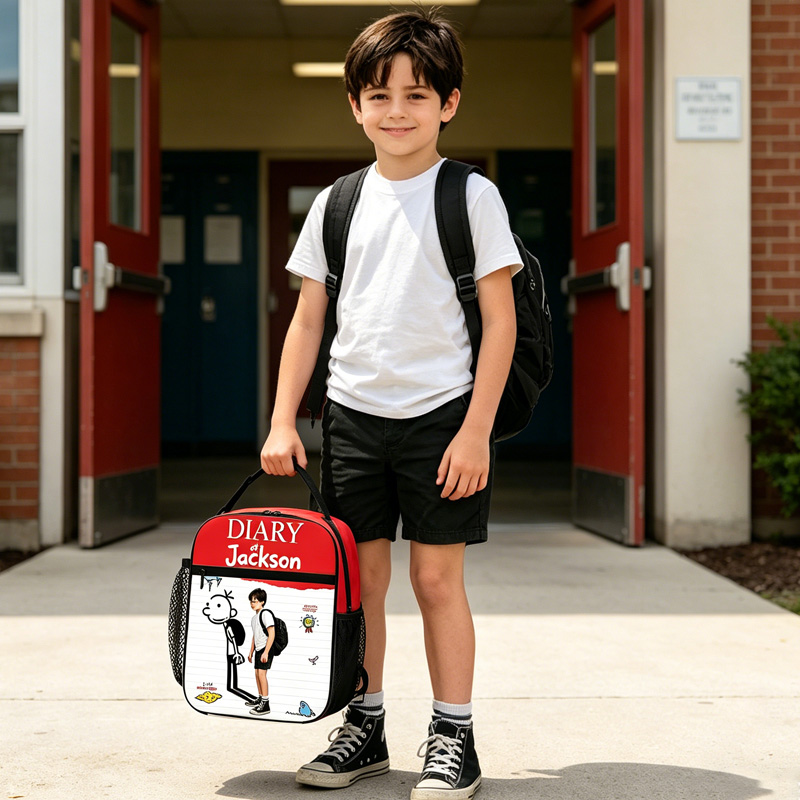 Personalized Kids Lunch Bag Custom Name and Photo Funny Cartoon Notebook Style Red Header School Humor Art Style
