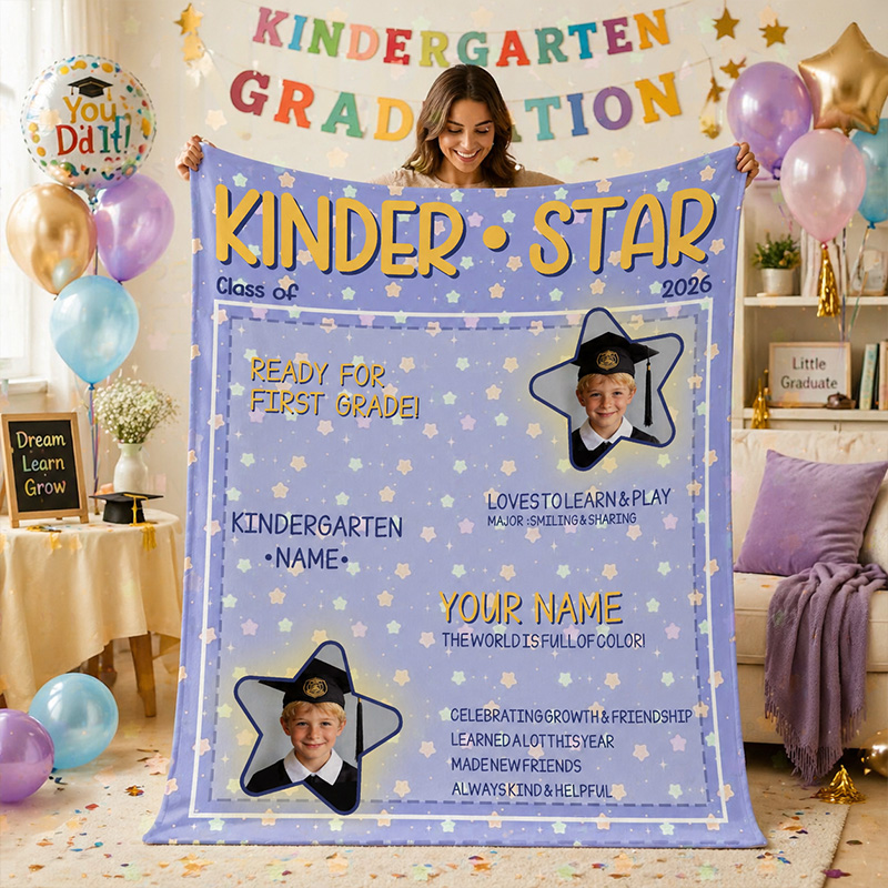 Personalized Graduation Blanket Custom Name Kinder Star Class Of 2026 Photo Memory Gift Keepsake