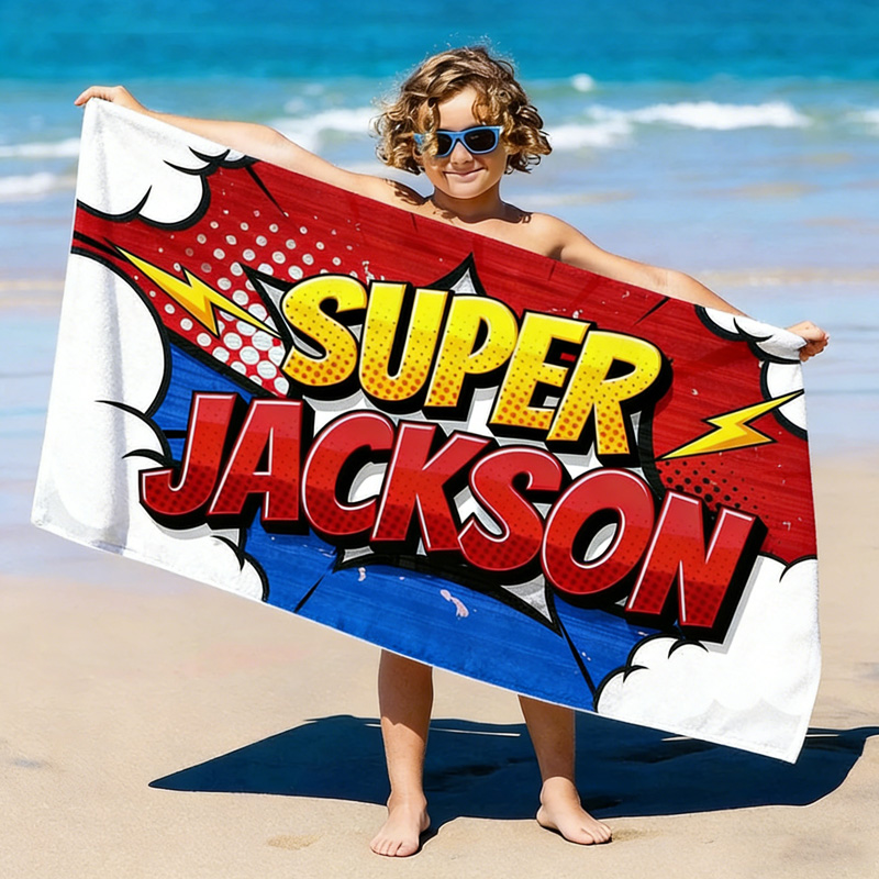 Personalized Kids Superhero Beach Towel Super Kid's Name Custom Comic Book Style Towel For Boys Pool And Beach Adventures