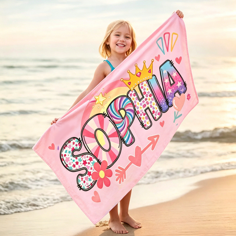 Personalized Princess Girls Name Beach Towel Custom Kids Pink Rainbow Towel For Pool And Summer Vacation Gift