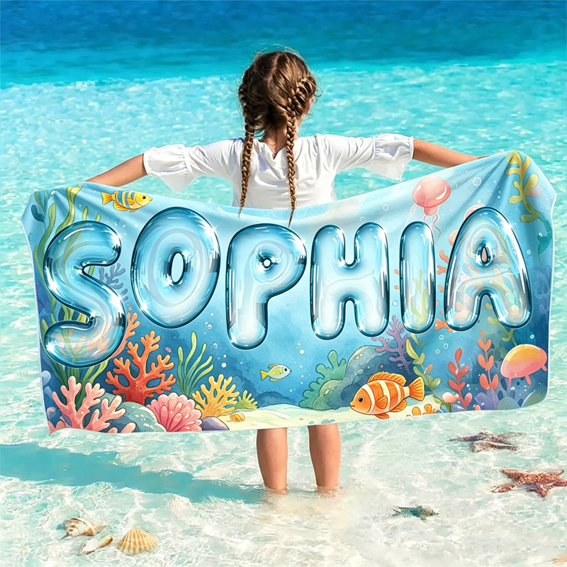 Personalized Underwater Name Kids Beach Towel Ocean Coral Fish Bubble Letters Personalized Soft Swim Gift