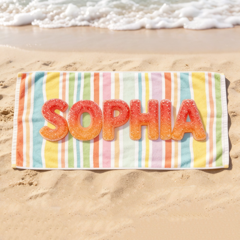 Personalized Gummy Candy Name Kids Beach Towel Rainbow Stripe Background Personalized Soft Pool Towel For Summer