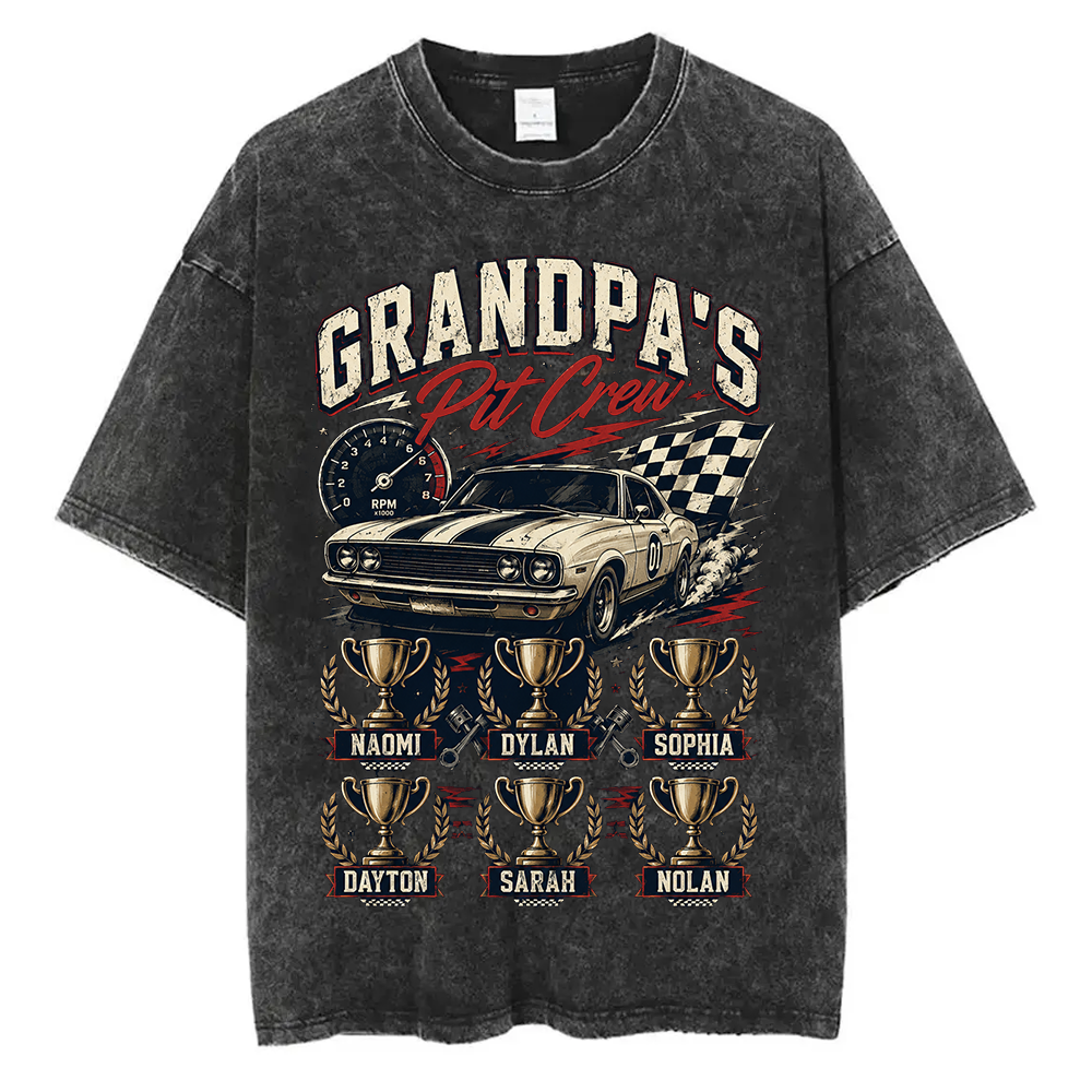 Personalized Grandpa's Pit Crew T-Shirt, Custom Vintage Race Car Shirt with Grandkids Names, Retro Racing Tee for Car-Loving Grandfathers, Fathers Day Gift
